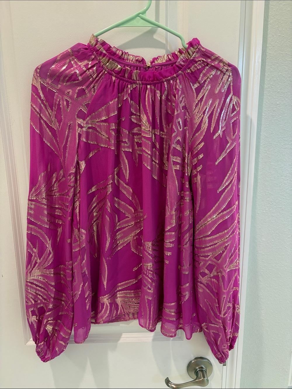 Lilly Pulitzer Magenta Blouse with Gold Metallic Print